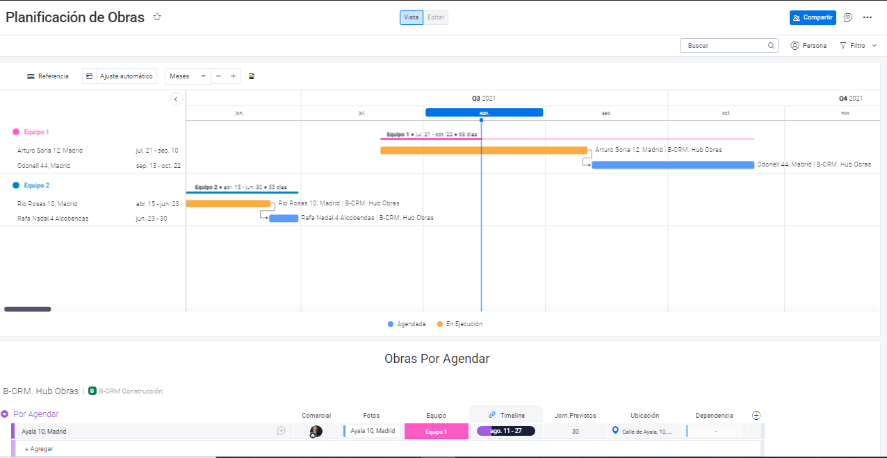 Plantilla para la vista del diagrama de Gantt en la planificación de Obras